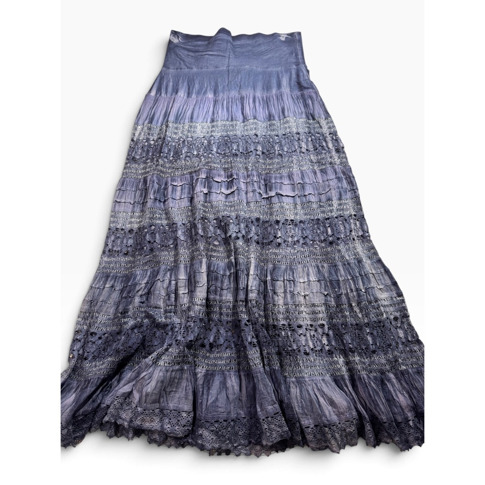 Cute Options Blue Acid Wash Crochet Lace Tiered Boho Maxi Skirt Large